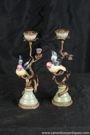 Pair French Porcelain Ormolu Bird Candlesticks Candelabras